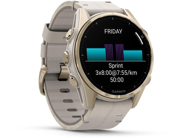 Смарт часовници Garmin fēnix® 8 - 43 мм, Sapphire - Soft Gold с Limestone кожена каишка